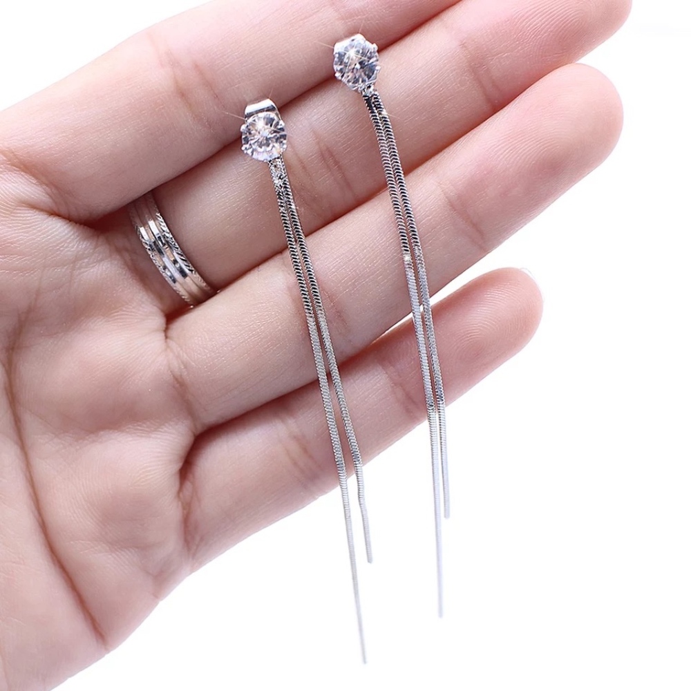 'Elise' Drop Silver Crystal Snake Chain Earrings - Picture 7 of 10